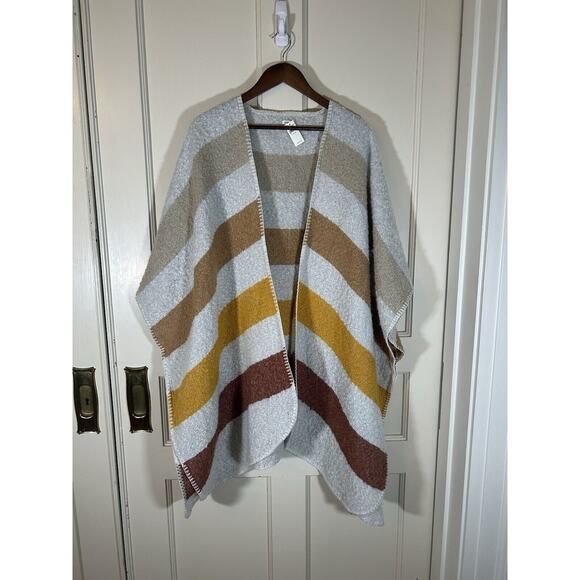 Aerie Striped Oversized Poncho Ruana Womens One Size Gray Brown Yellow Boho NWT - Picture 1 of 7